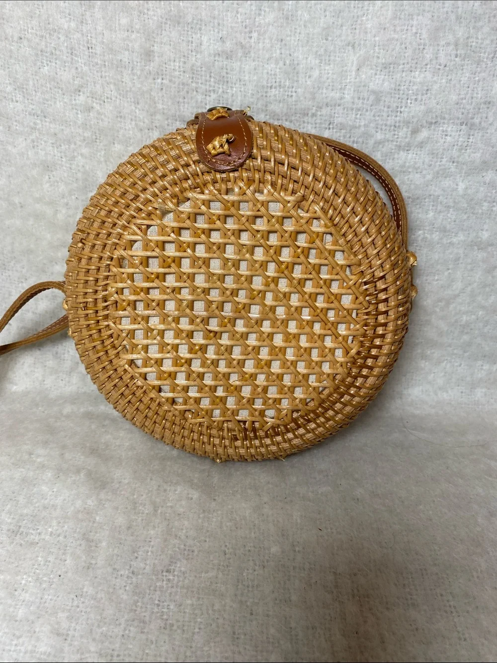 Round Woven Crossbody Bag in Tan - Picture 3 of 6